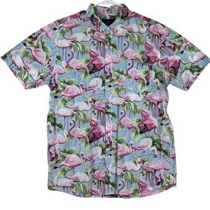 Molokai Surf Co. Button Down Shirt Mens XXL Flamingo Palm Tropical Print‎ Blue
